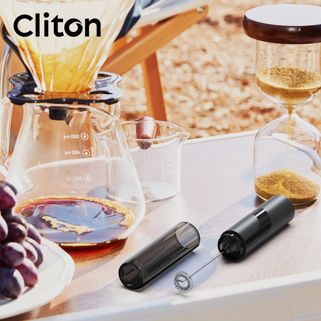 CLITON Electric Handheld Milk Frother with Storage Sleeve - Portable - Milk Shaker Suitable for Latte, Cappuccino, Protein Smoothies - Compact Milk Mixer with Froth Enhancer, Ideal for, Travel &amp; Gifts
