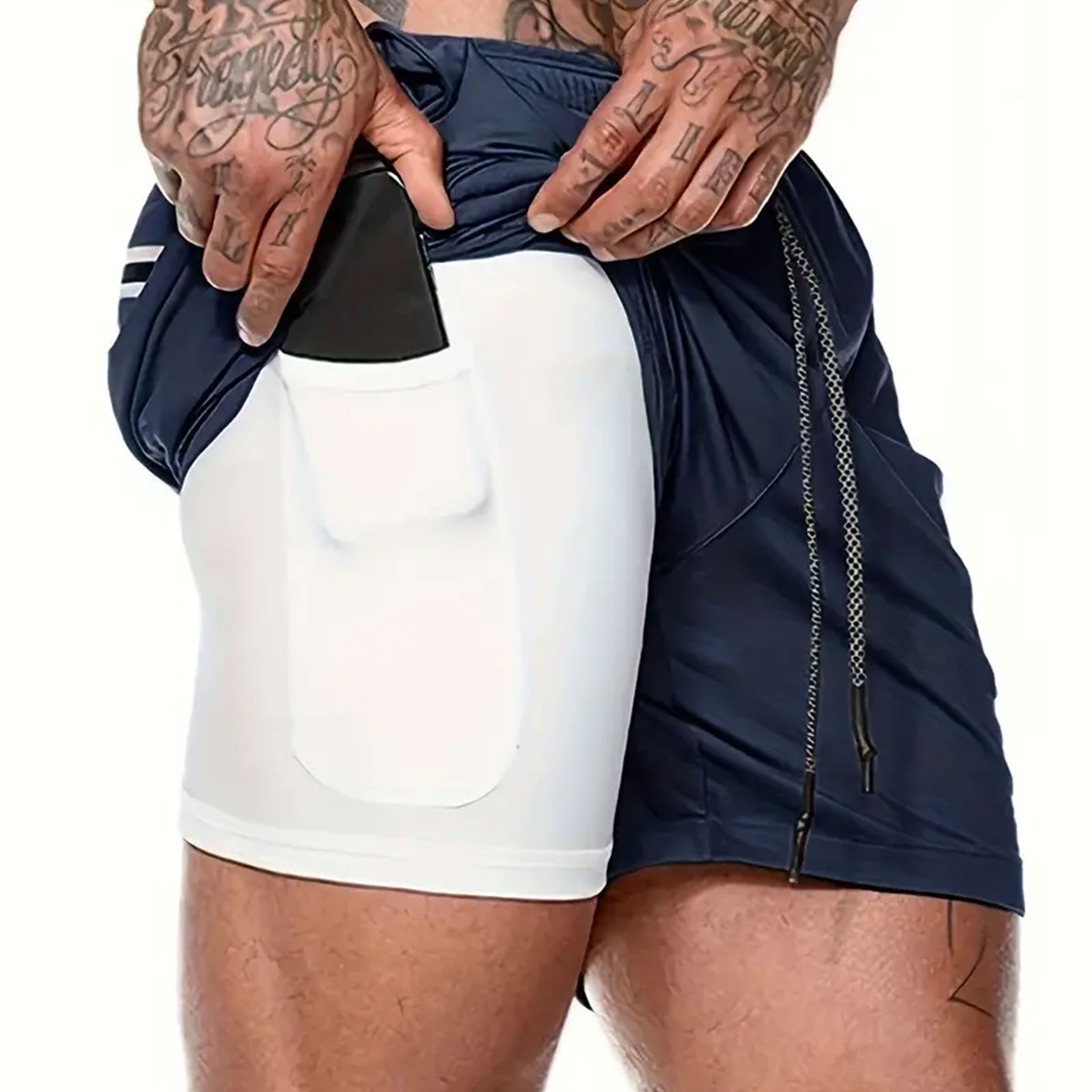 Shorts hommes 2-en-1 été, sport extérieur, cordon ajustable, poches sécurisées, tissu respirant et séchage rapide, parfait gym et running.