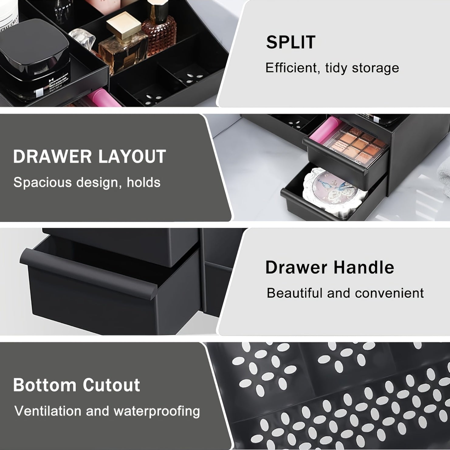 Organisateur pour parfums homme avec tiroirs, rangement soins et toilette, multi-compartiments, design moderne, plastique durable, idéal salle de bain ou coiffeuse.