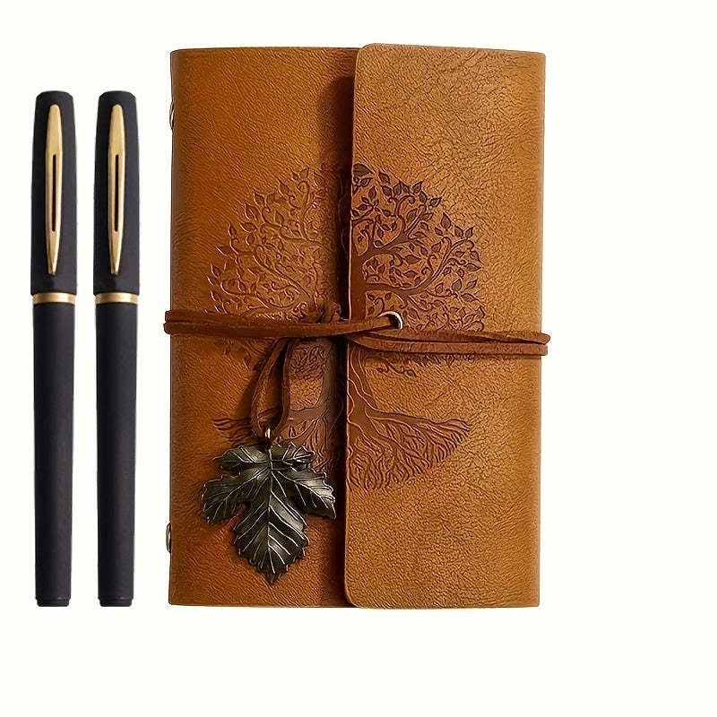 Coffret 3 pièces : carnet spiral vintage en cuir PU et 2 stylos gel noir et doré, design arbre, idéal pour écriture, croquis et voyage.