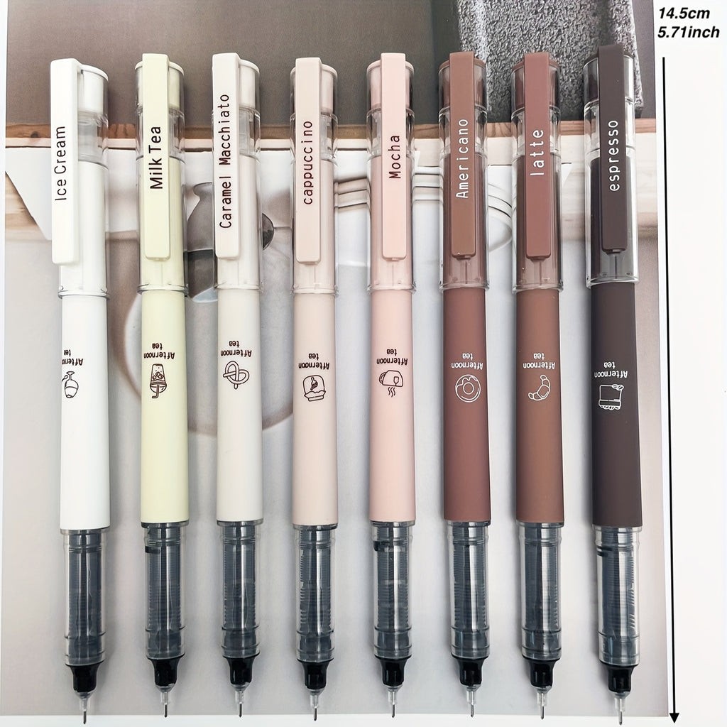 6pcs/8pcs Coffee Theme Liquid Quick-Drying Ink Gel Pens, No Smudge Soft Touch Pens for Note Taking Drawing School &amp; Office Supplies