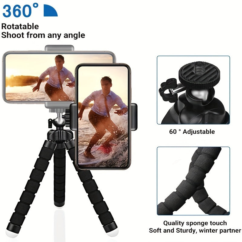 Flexible Octopus Tripod, Small Phone &amp; Camera Holder with Sponge Grip, 360° Rotatable Mini Octopus Stand for Photography and Videography, Portable and Adjustable Bracket with Universal Clip