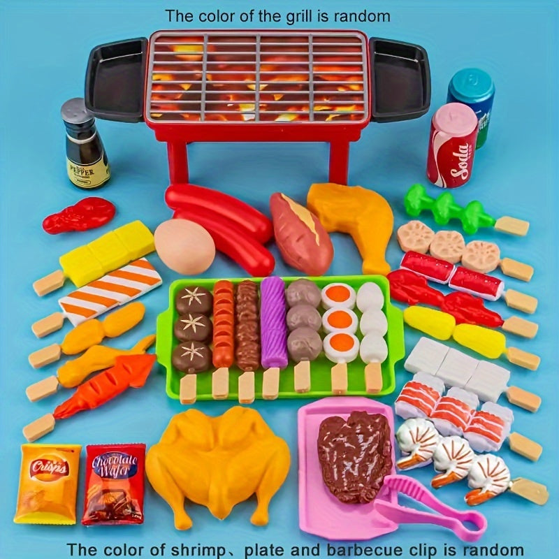 Set de jeux de cuisine, aliments et accessoires de barbecue simulés, idéal pour stimuler imagination et apprentissage des enfants.