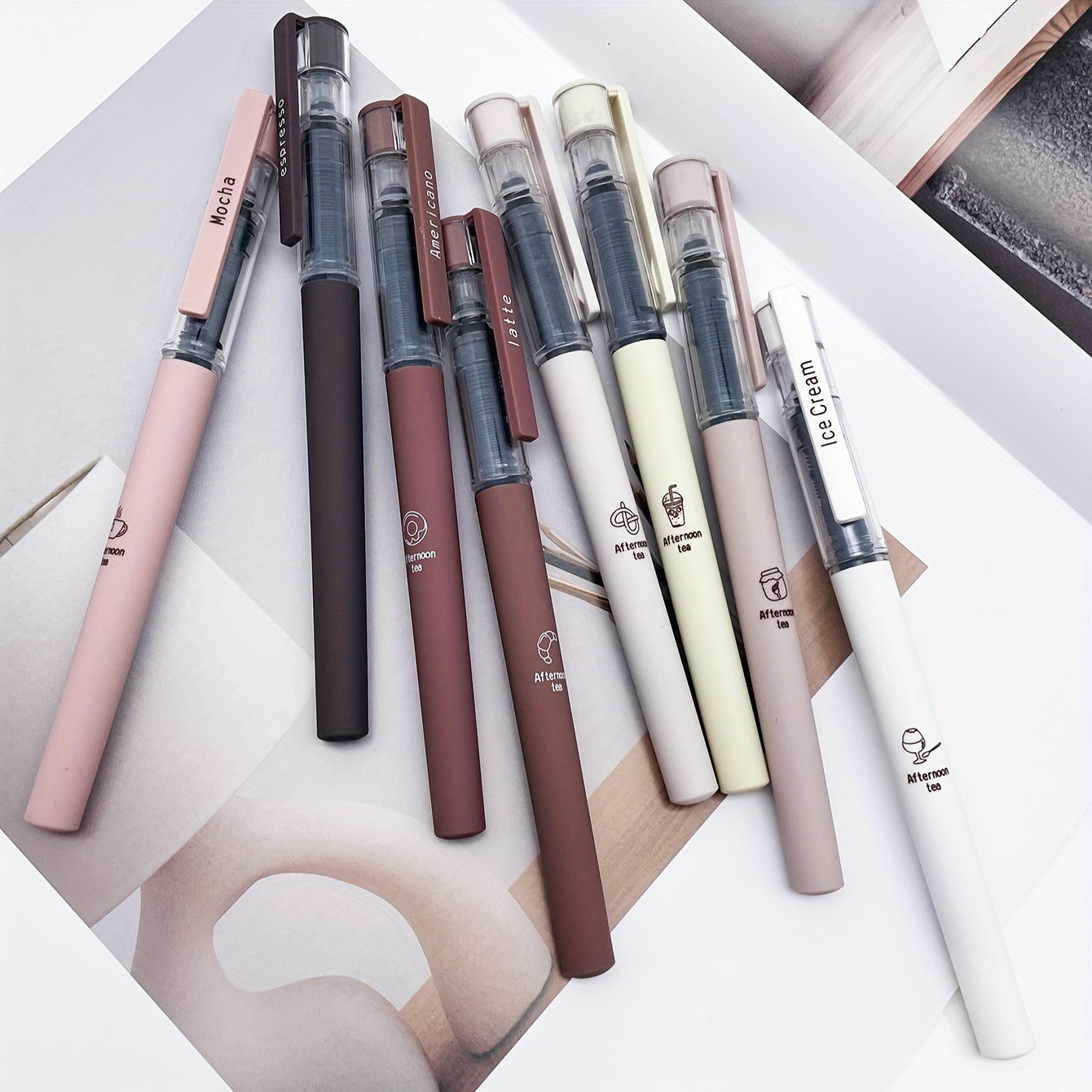 6pcs/8pcs Coffee Theme Liquid Quick-Drying Ink Gel Pens, No Smudge Soft Touch Pens for Note Taking Drawing School &amp; Office Supplies