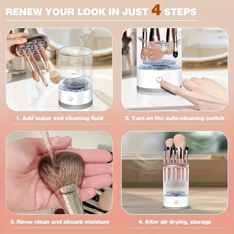 Nettoyeur électrique de pinceaux maquillage, automatique avec tapis de nettoyage, compatible toutes tailles, pratique et portable, cadeau idéal pour femmes.