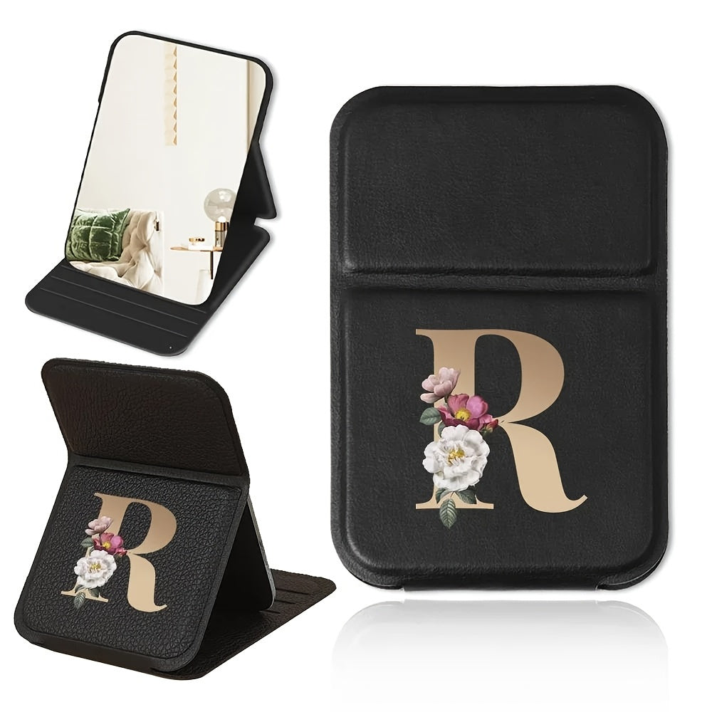 Miroir de maquillage pliable portable, design floral noir et doré, léger, étanche et anti-poussière, parfait cadeau pour enseignants et proches.