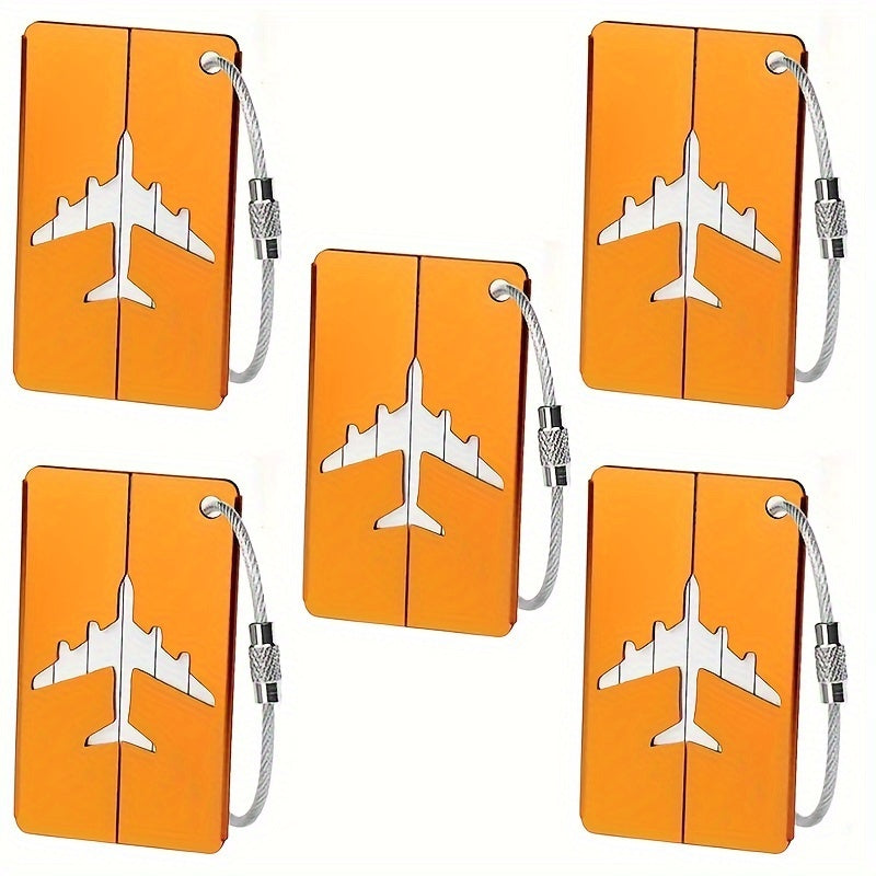 Lot de 5 étiquettes bagages en aluminium, étanches et légères, boucle acier inoxydable, design minimaliste, parfait pour voyages.