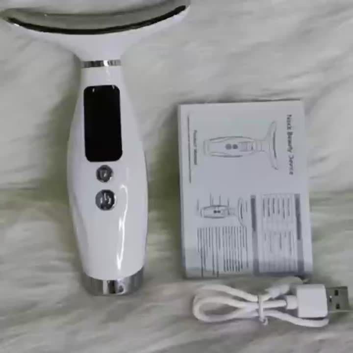 Appareil rechargeable visage et cou, 7 modes, massage vibrant et chauffant, USB, design ergonomique, idéal soins à domicile et cadeau beauté.