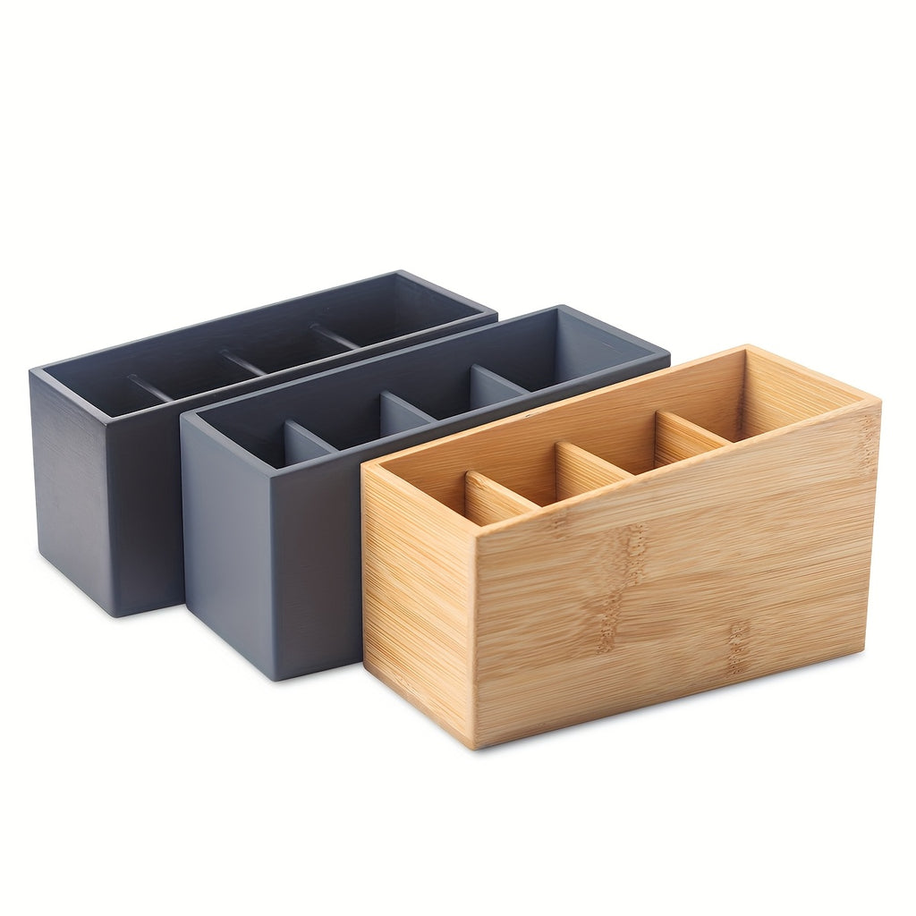 Wooden Remote Control Storage Box with Four Compartments, Suitable for Organizing Remote Controls, Makeup Brushes, And Pens in The Living Room, Bedroom, Or Office.