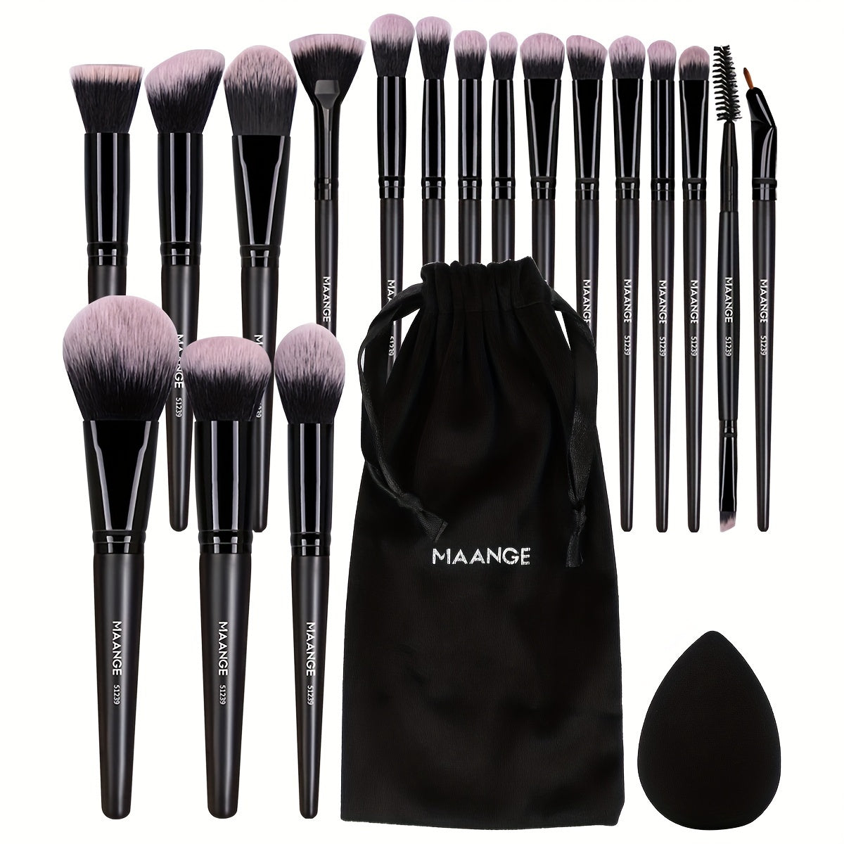 MAANGE 20pcs Professional Makeup Brush Set, Including 18 Makeup Brushes + Flannel Bag + 1 Large Water Drop Makeup Egg, Soft Bristle Makeup Brush, Foundation Brush, Eyeshadow Brush, Blending Brush, Concealer Brush, Eyeliner Brush