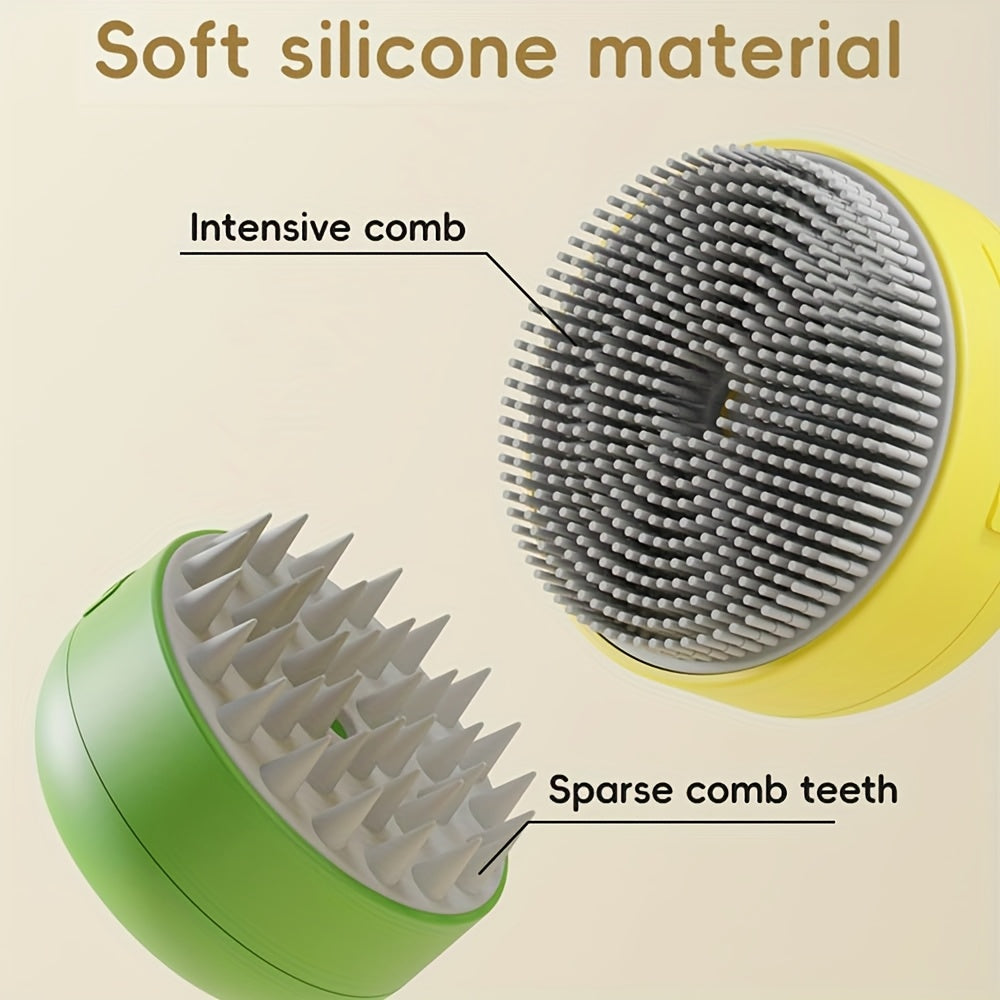 Brosse vapeur électrique 3-en-1 pour chats et chiens, motifs patte/citron, spray, massage, auto-nettoyage, retire poils morts et entretient griffes.