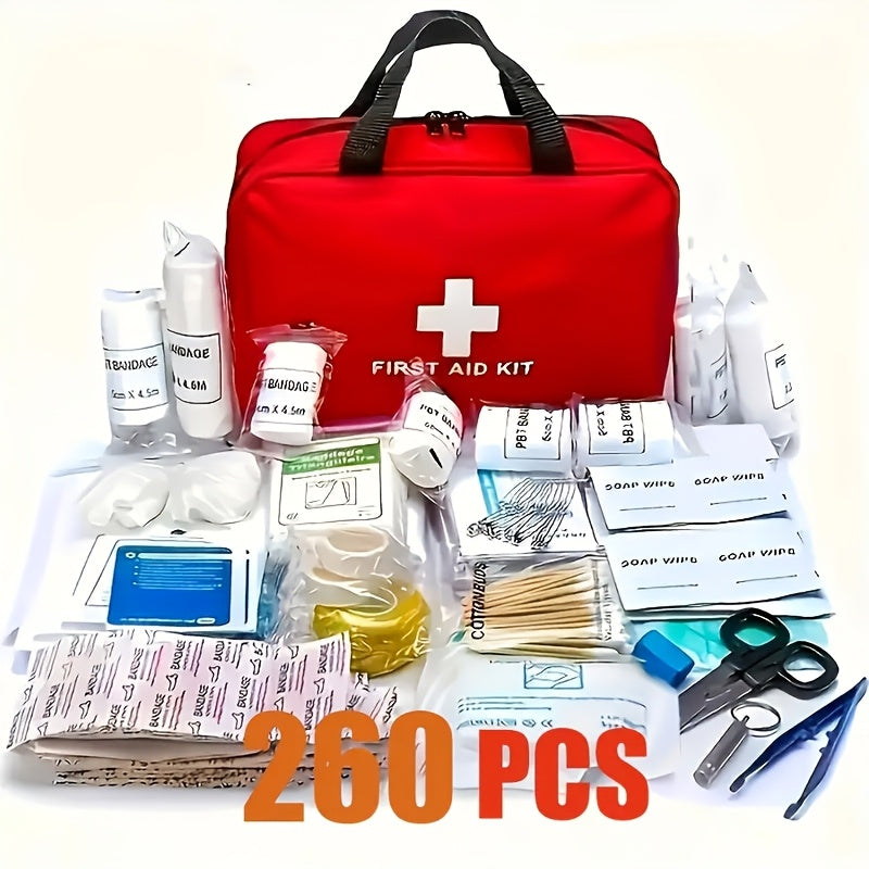 Deluxe 260pcs First Aid Kit - Essential Safety Supplies for Home, Outdoor Adventures &amp; Camping - Portable with Scissors, Bandages, Tweezers - Red, No Magnesium Rod/Flint