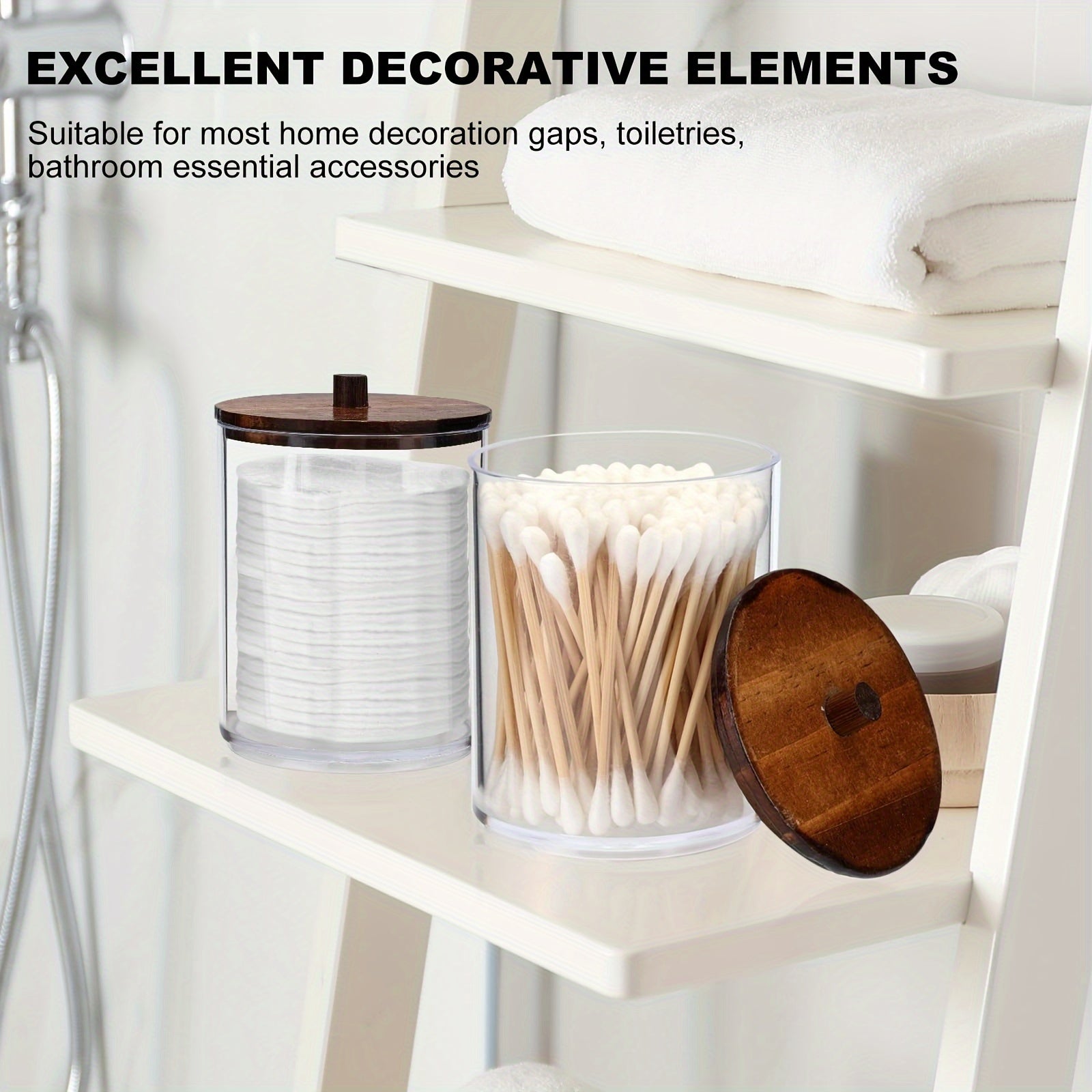 4 Pack Vintage Style 10 Oz Clear Plastic Apothecary Jars with Window-View And Wooden Lids - Bathroom Vanity Makeup Organizer Storage for Swabs, Pads, Buds, Floss, Storage Bins for Home Organization, Baskets, Bins &amp; Containers