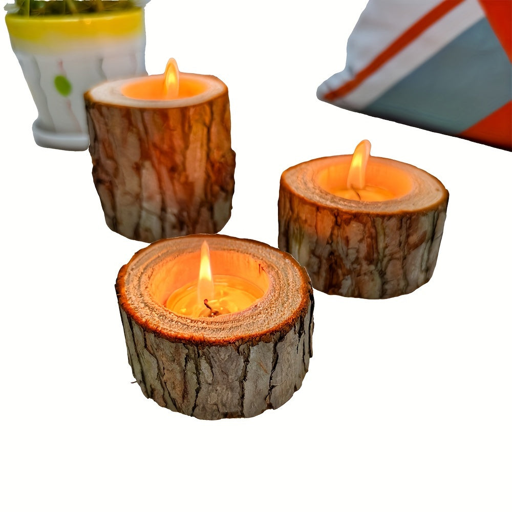Rustic Wooden Candle Holder Set - 3 Sizes (3.0cm, 4.32cm, 6.86cm) for Holiday Decor, Perfect for Christmas, Halloween, Thanksgiving &amp; New Year's - Tabletop Display, No Batteries Required
