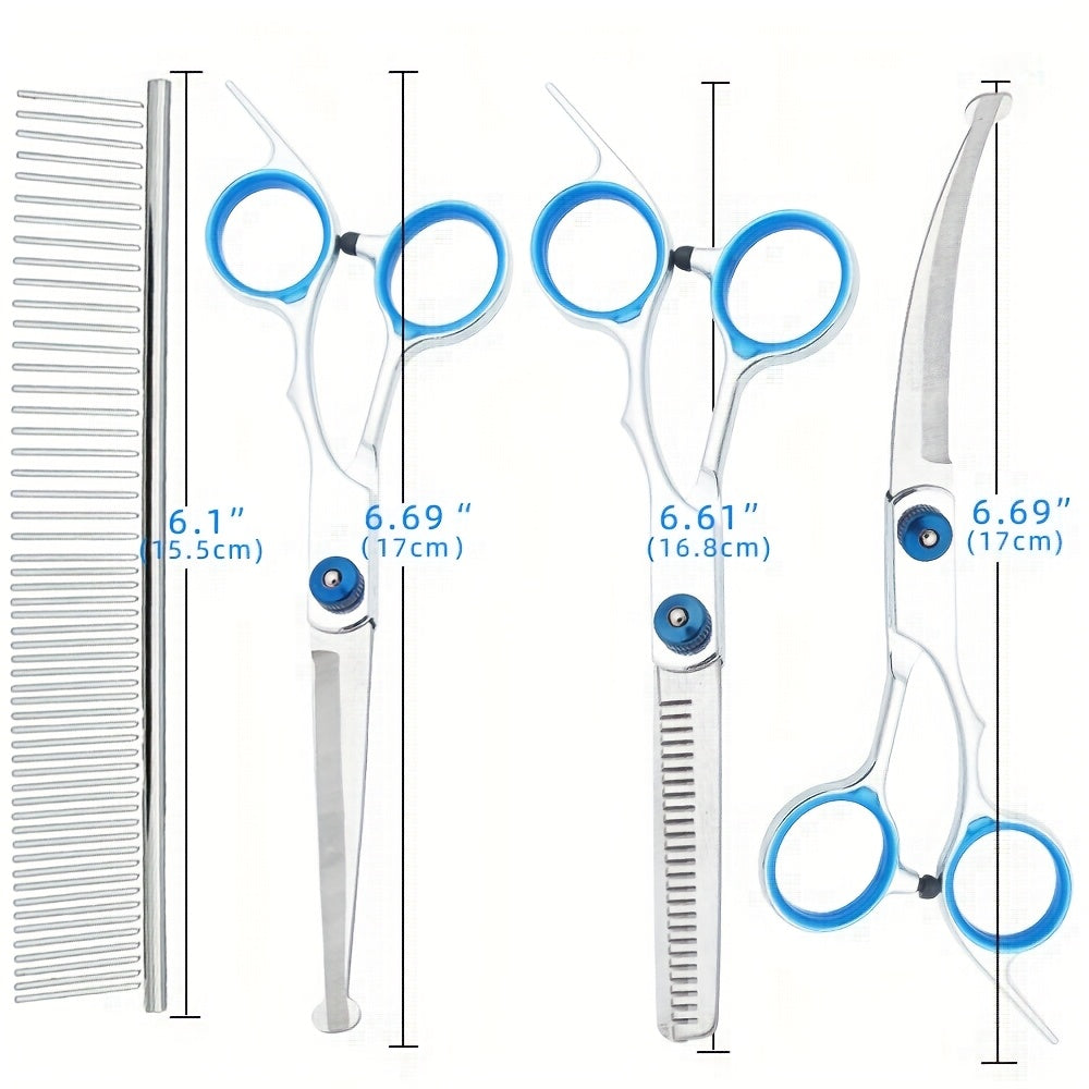 Kit de toilettage 5-en-1 pour chiens. Ciseaux professionnels avec tête ronde, ciseaux effileurs, adapté pour chiens et chats.