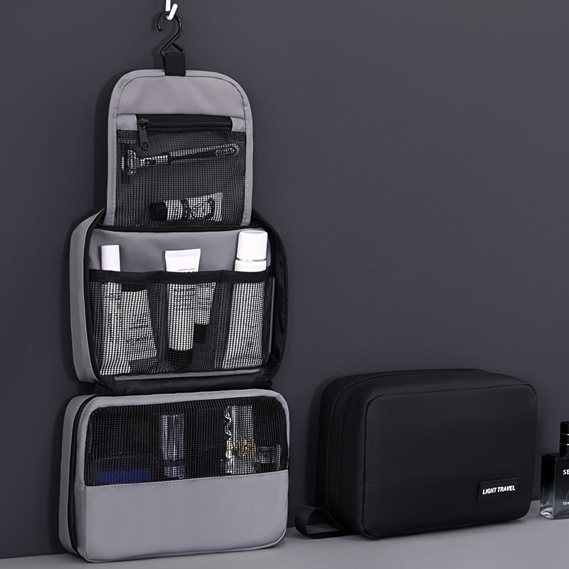 Grande trousse de toilette de voyage, résistante, multi-compartiments avec poches filet, idéale pour maquillage, salle de bain et déplacements.
