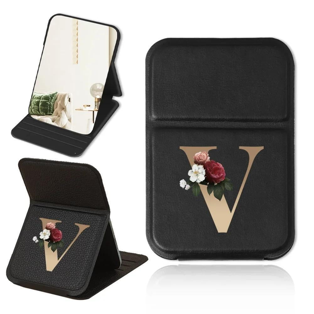 Miroir de maquillage pliable portable, design floral noir et doré, léger, étanche et anti-poussière, parfait cadeau pour enseignants et proches.