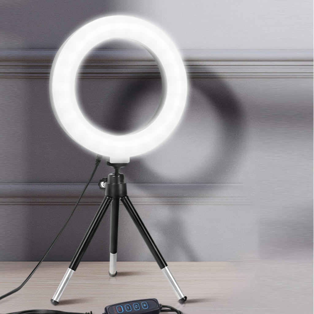 Anneau lumineux rotatif 360°, idéal streaming, maquillage et lampe de bureau, alimentation USB, trépied extensible, compatible avec la plupart des appareils.