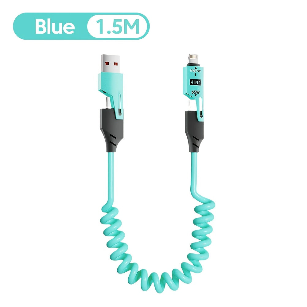 65W Multifunctional Four-in-One USB-C Retractable Cable, PD Super Fast Charging and Data Synchronization, Silicone Material, Multi-Port Charging with Indicator Light, Suitable for iPhone, iPad, Samsung, Xiaomi, Huawei, OPPO a