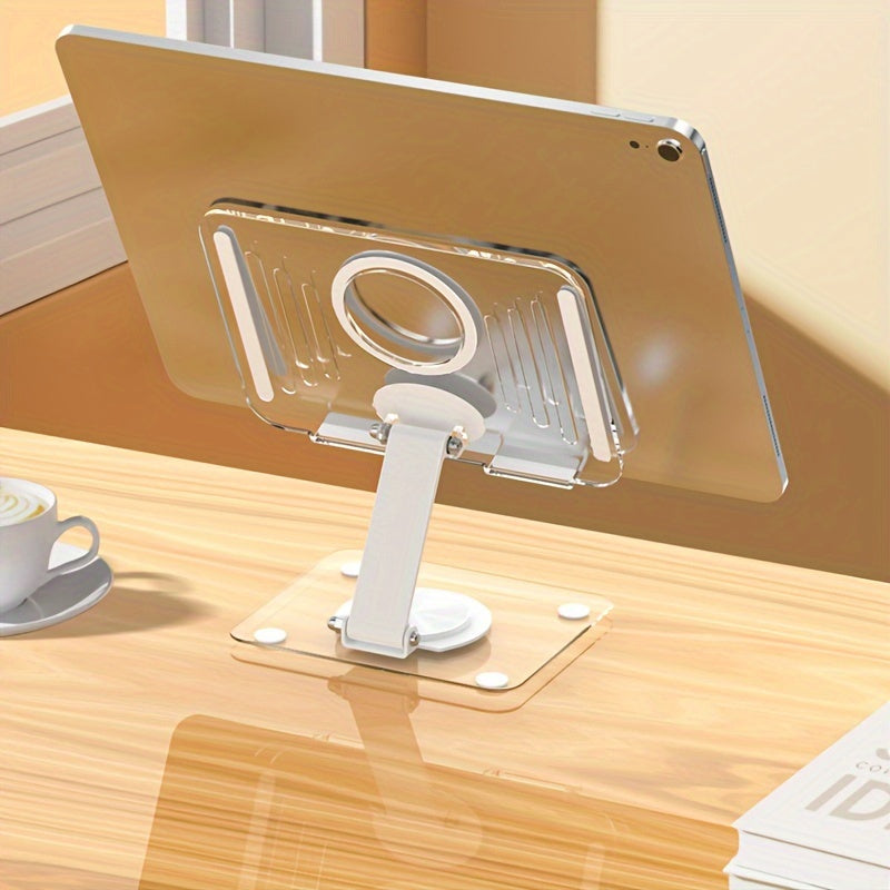 Support acrylique rotatif 360° pour tablette et ordinateur, réglable et pliable, ergonomique, avec dissipation de chaleur, idéal lecture, jeux ou visioconférences.