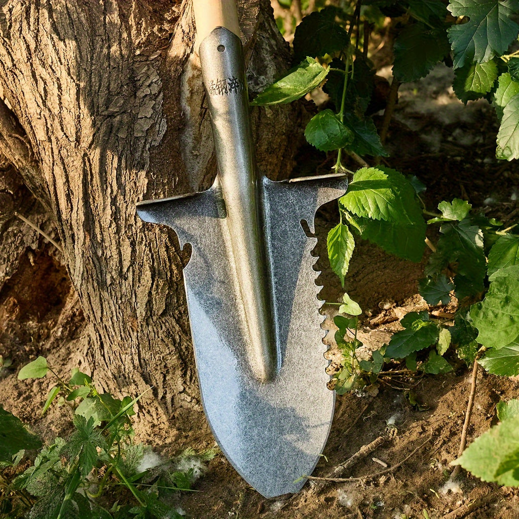 Dual-purpose serrated shovel, multi-purpose serrated shovel, manganese steel hardened shovel, sharp serrated edge, suitable for felling trees, deep digging, camping, gardening, sturdy and durable, ideal for firewood preparation
