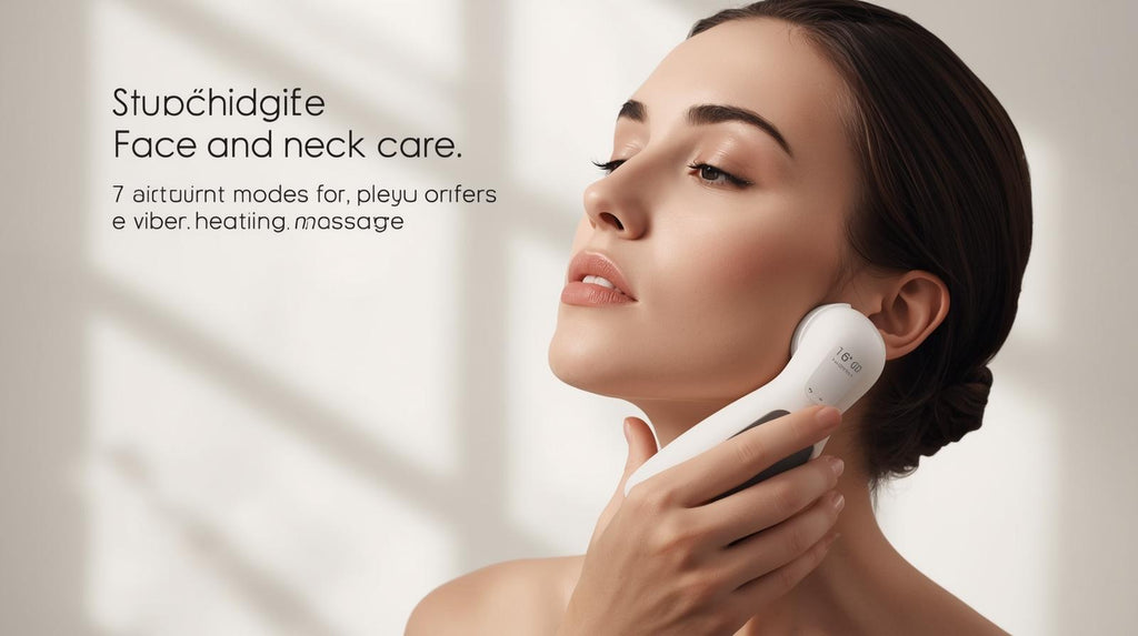 Appareil rechargeable visage et cou, 7 modes, massage vibrant et chauffant, USB, design ergonomique, idéal soins à domicile et cadeau beauté.