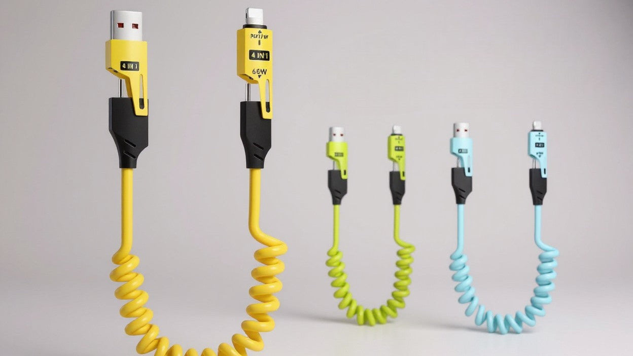 Câble Rétractable USB-C 4-en-1 65 W : Charge rapide PD, synchronisation données, silicone, multi-ports avec témoin, compatible iPhone, iPad, Samsung, Huawei, Xiaomi, OPPO.