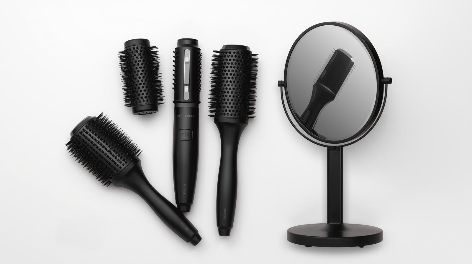 4pcs Professional Salon Hair Styling Set, Scent-Free Brushes for All Hair Types with Mirror &amp; Holder - Black, Hair Brush