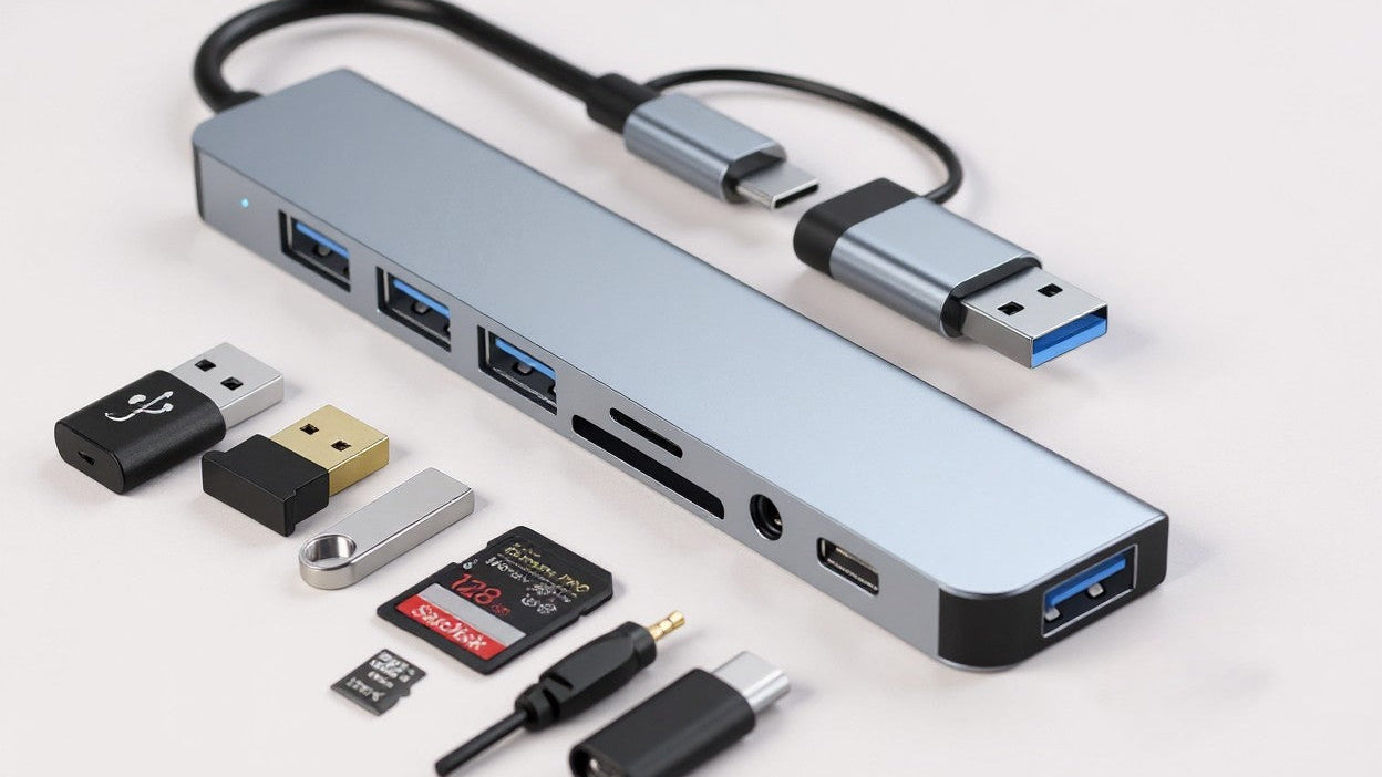 Multi-Function Hub, USB &amp; TYPE-C Ports, featuring USB 3.0 + USB-C + SD/TF + 3.5mm Audio. A versatile docking station that supports seamless multi-port collaboration, suitable for smartphones, tablets, and computers for both v