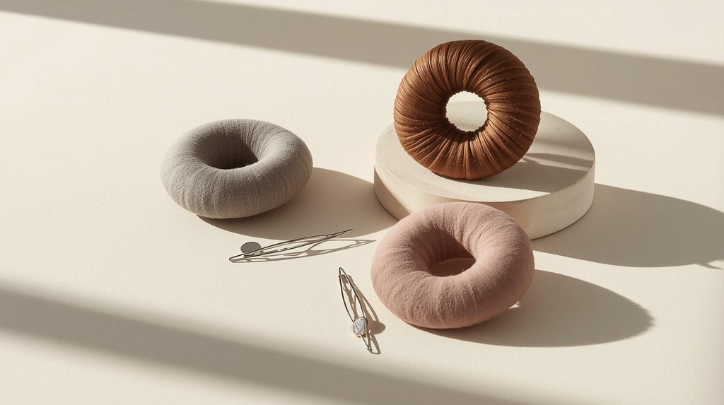 Lot de 3 accessoires donut pour chignons, avec épingles, idéal pour créer facilement des coiffures volumineuses et structurées.