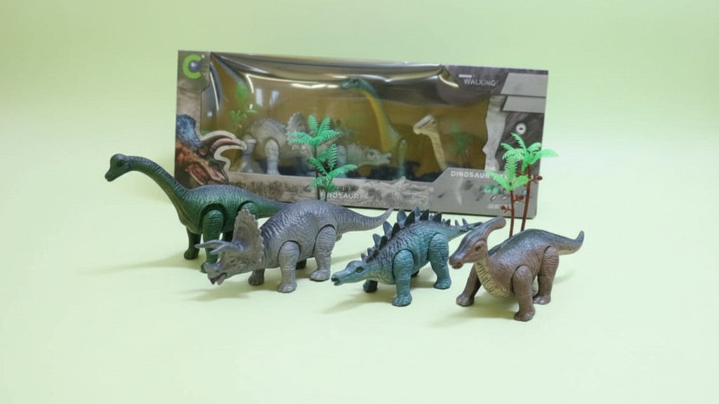 Dinosaure réaliste 4‑en‑1 et arbre 2‑en‑1, mâchoires et yeux mobiles, plastique durable, jouet interactif.