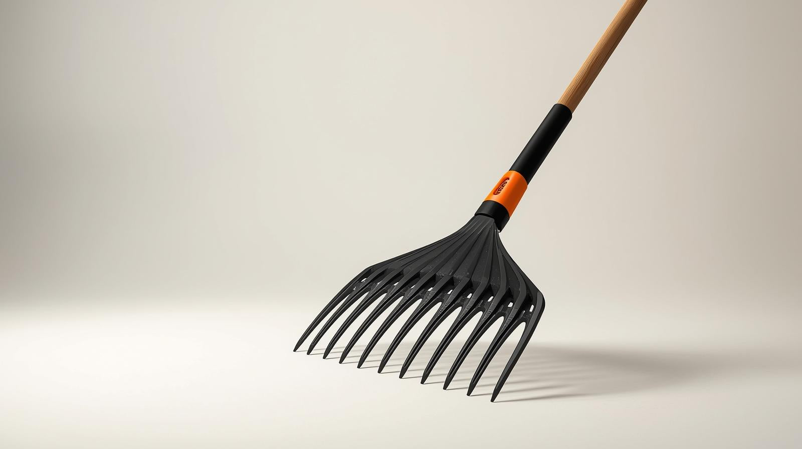 Râteau de jardin noir en plastique avec manche, robuste et portable, idéal pour feuilles, pelouse et entretien extérieur.