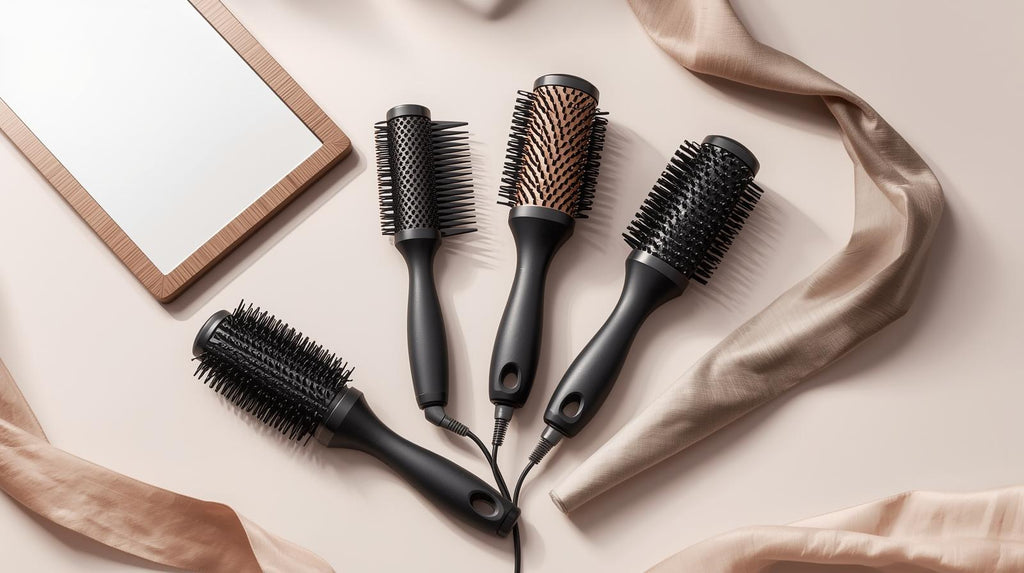 Set coiffure professionnel 5 pièces : brosses démêlantes, peignes massage cuir chevelu et miroir, parfait pour styling complet.