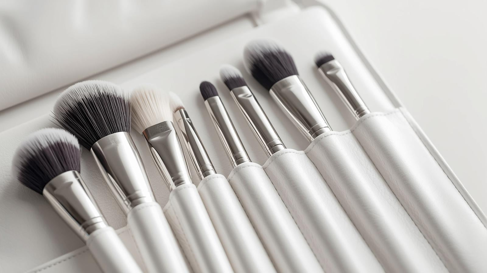 Set de 10 pinceaux maquillage avec étui cuir, poils doux hypoallergéniques, pour poudre, fond de teint, blush, yeux et highlighter, voyage pratique.