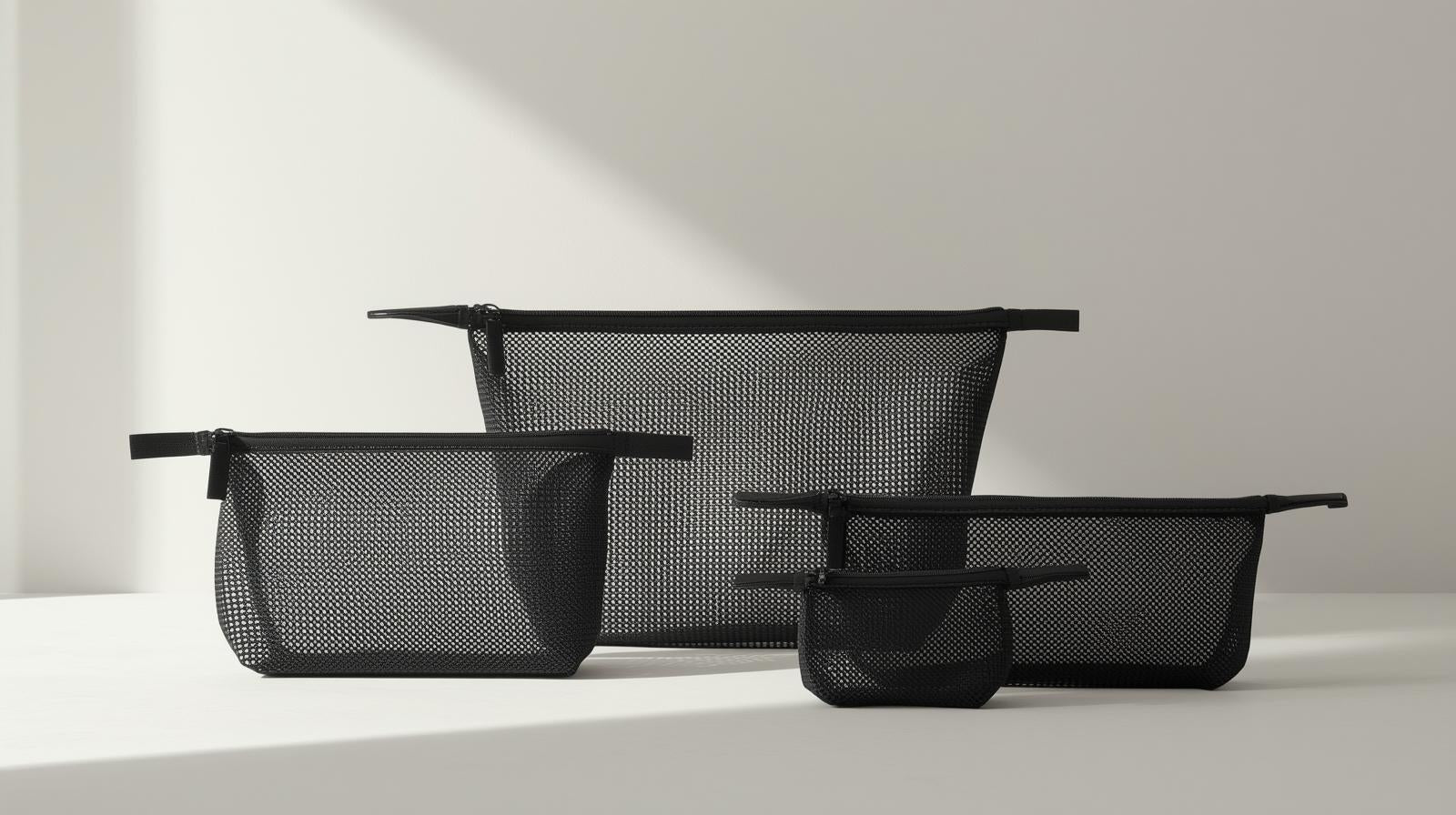 Set de 4 pochettes en filet avec poignées – grand, moyen, petit, multifonction : maquillage, monnaie, documents, voyage ou maison.