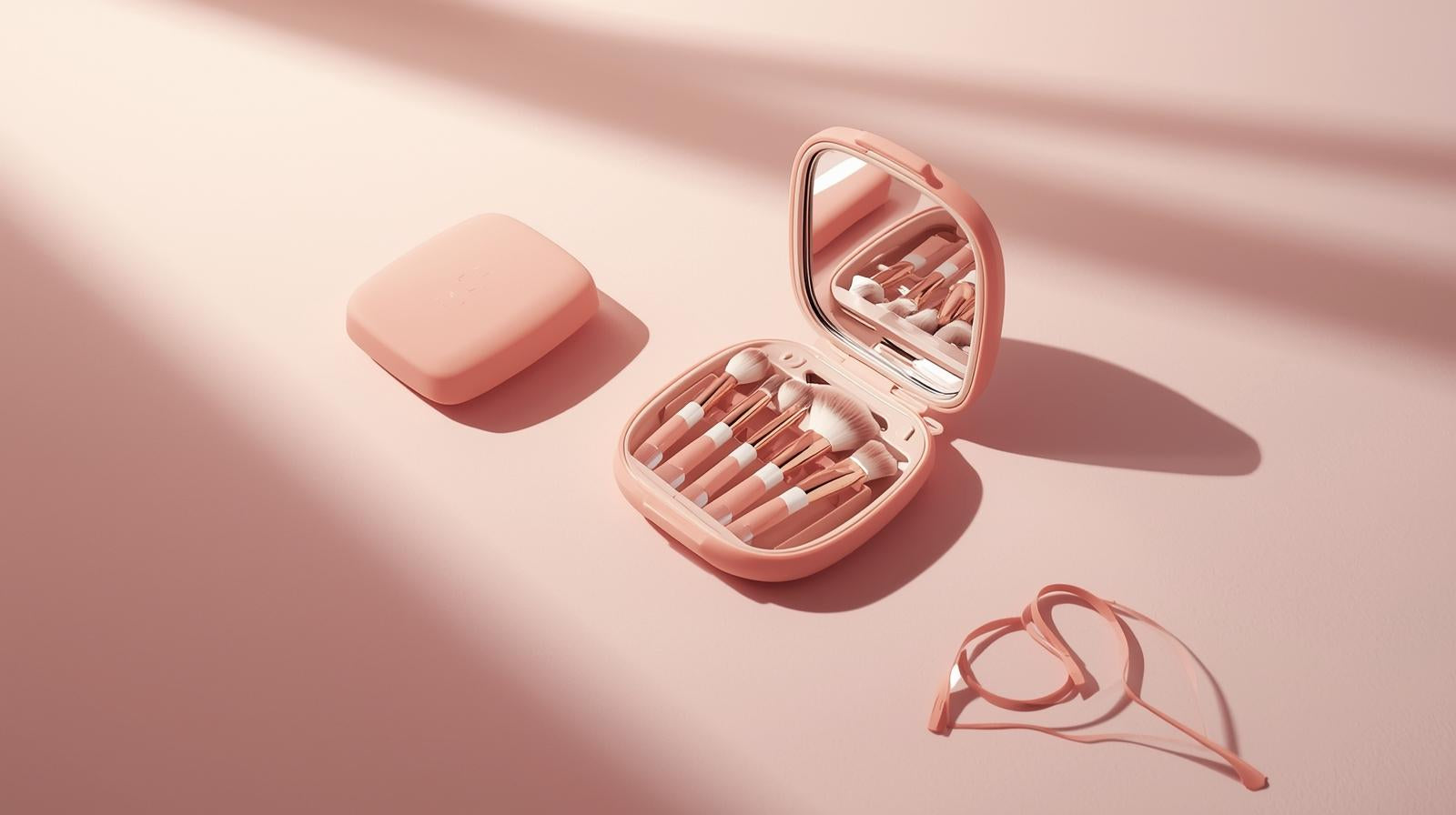 Set de pinceaux cosmétiques portable multifonction avec miroir, poils doux, design mignon, étui pastel rose et doré, idéal pour voyages.