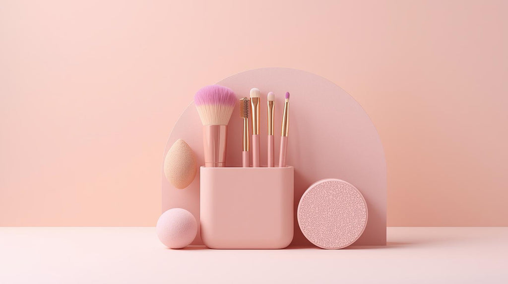 Set portable de pinceaux de maquillage avec éponge et houppette, parfait pour un kit complet d’outils cosmétiques en voyage.