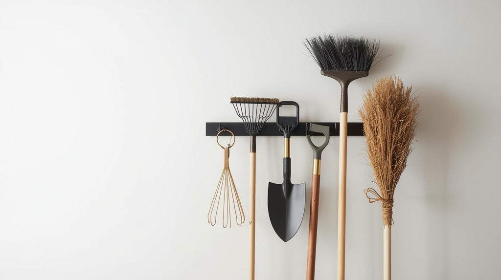 1pc Heavy-Duty Iron Wall-Mounted Tool Rack - Multi-Purpose Garage &amp; Garden Organizer for Shovels, Rakes, Brooms - Space-Saving Black Storage Hook, Perfect Father'S Day Gift, Garage Storage Rack, Sleek Metallic Finish, Sturdy