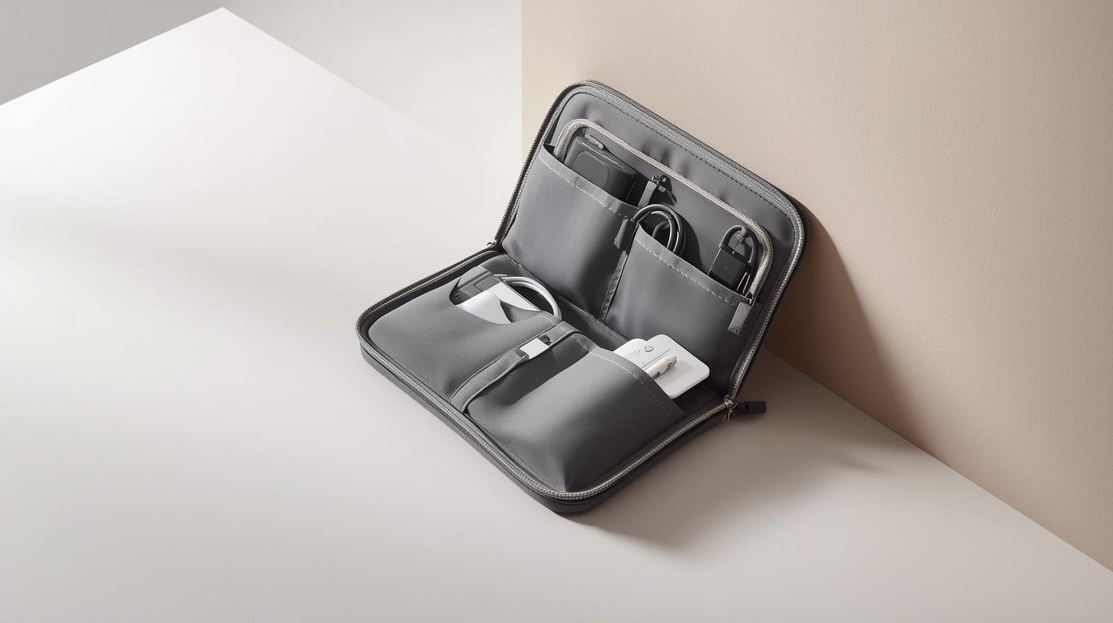 Trousse élégante en tissu avec compartiments multiples – organise câbles, batteries et accessoires, légère, pliable, pratique pour le voyage.