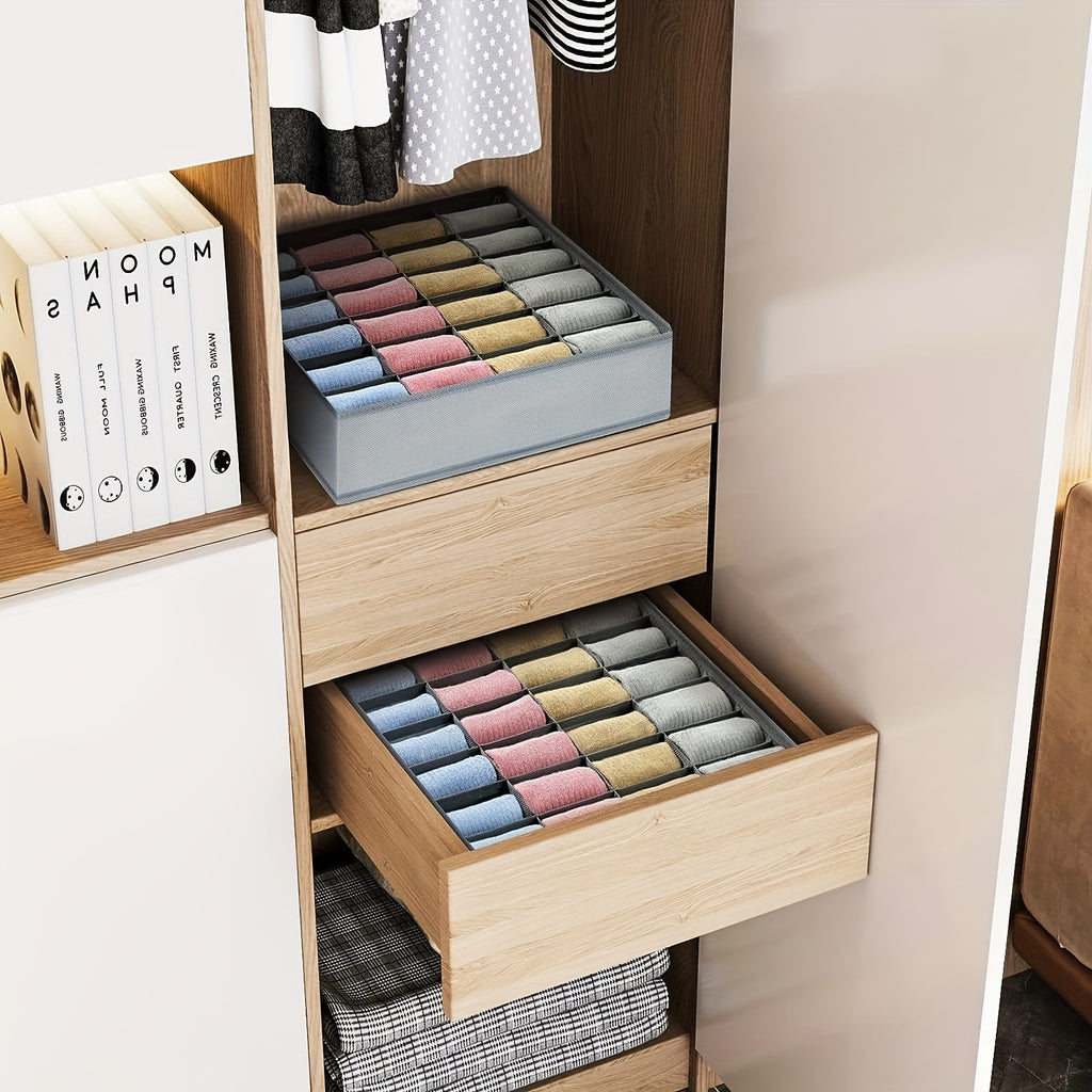 Set of 2 grey fabric storage boxes, 24 compartments, foldable and stackable, perfect for socks, ties and underwear.