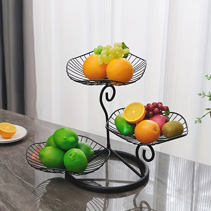 Support à fruits en fer élégant à 3 niveaux. Panier décoratif pour salon, table basse et cuisine, parfait pour servir des snacks et desserts.