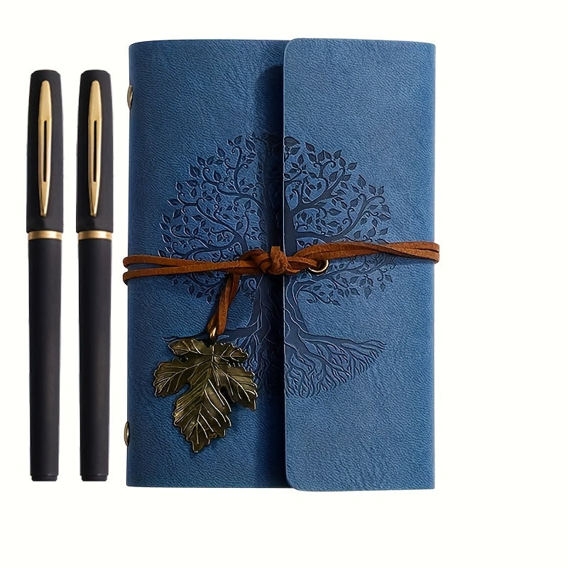 Coffret 3 pièces : carnet spiral vintage en cuir PU et 2 stylos gel noir et doré, design arbre, idéal pour écriture, croquis et voyage.