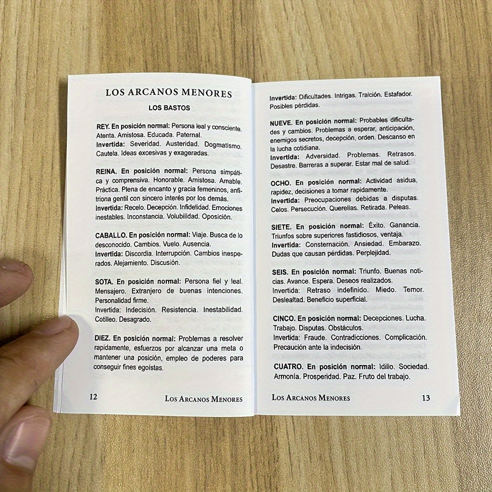 Cartes de tarot pour débutants, dorure à chaud, espagnol et anglais, 12×7 cm, livret explicatif bilingue inclus.