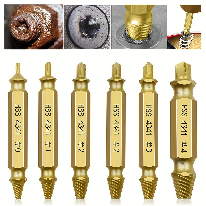 6pcs High-Carbon Steel Screw Extractor Set, Golden, Damaged Screw &amp; Nail Remover Tools with Durable Case - Perfect for Stuck or Frozen Fasteners