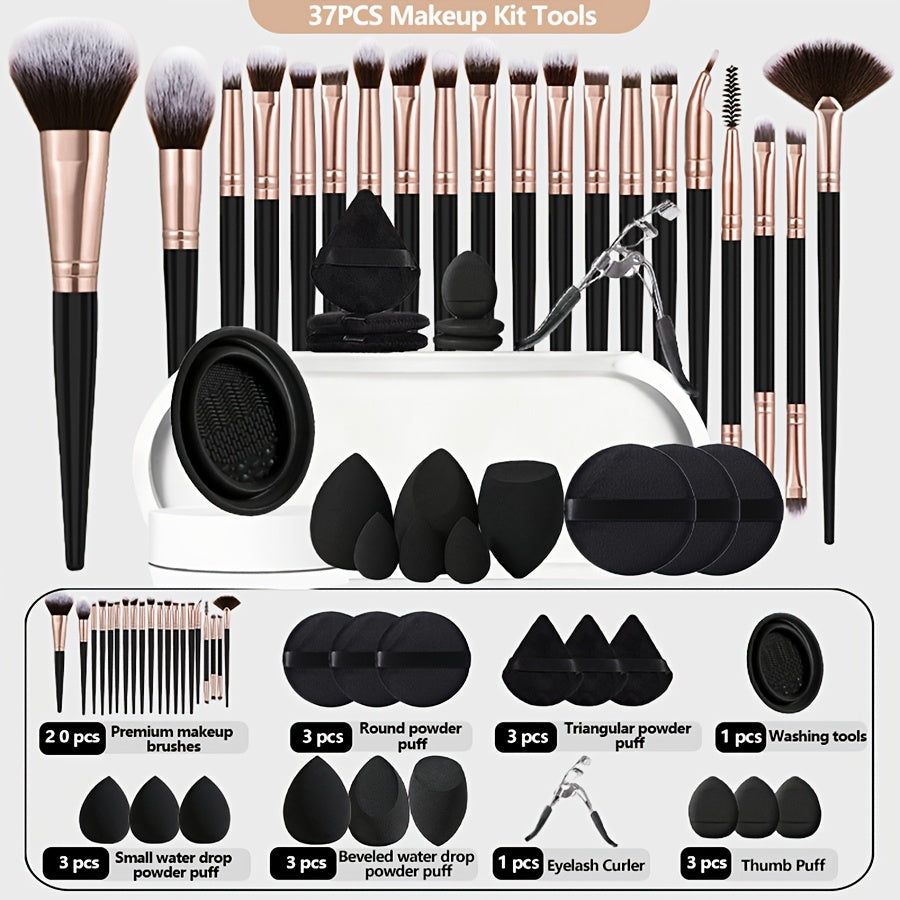 Set cadeau maquillage 37 pcs, pinceaux, éponges, accessoires nettoyage, polyvalent pour poudres, fond de teint et soins beauté précis.