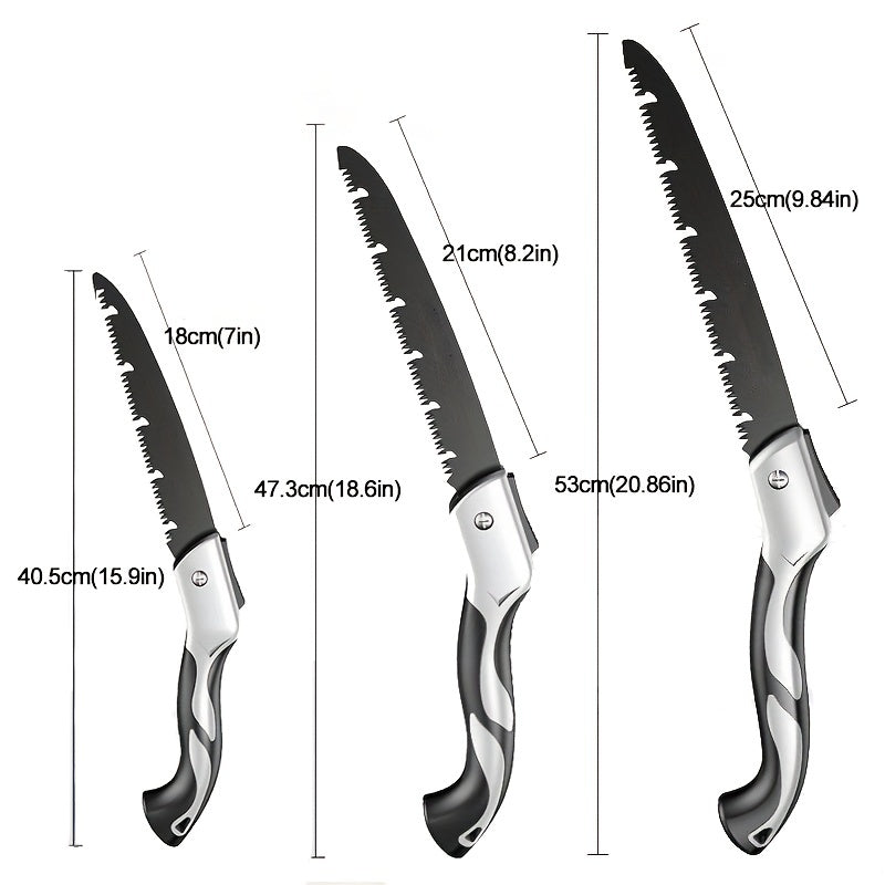 Scie pliante portable, coupe rapide et économique en effort, légère et compacte, idéale pour jardinage, bricolage et activités de plein air.