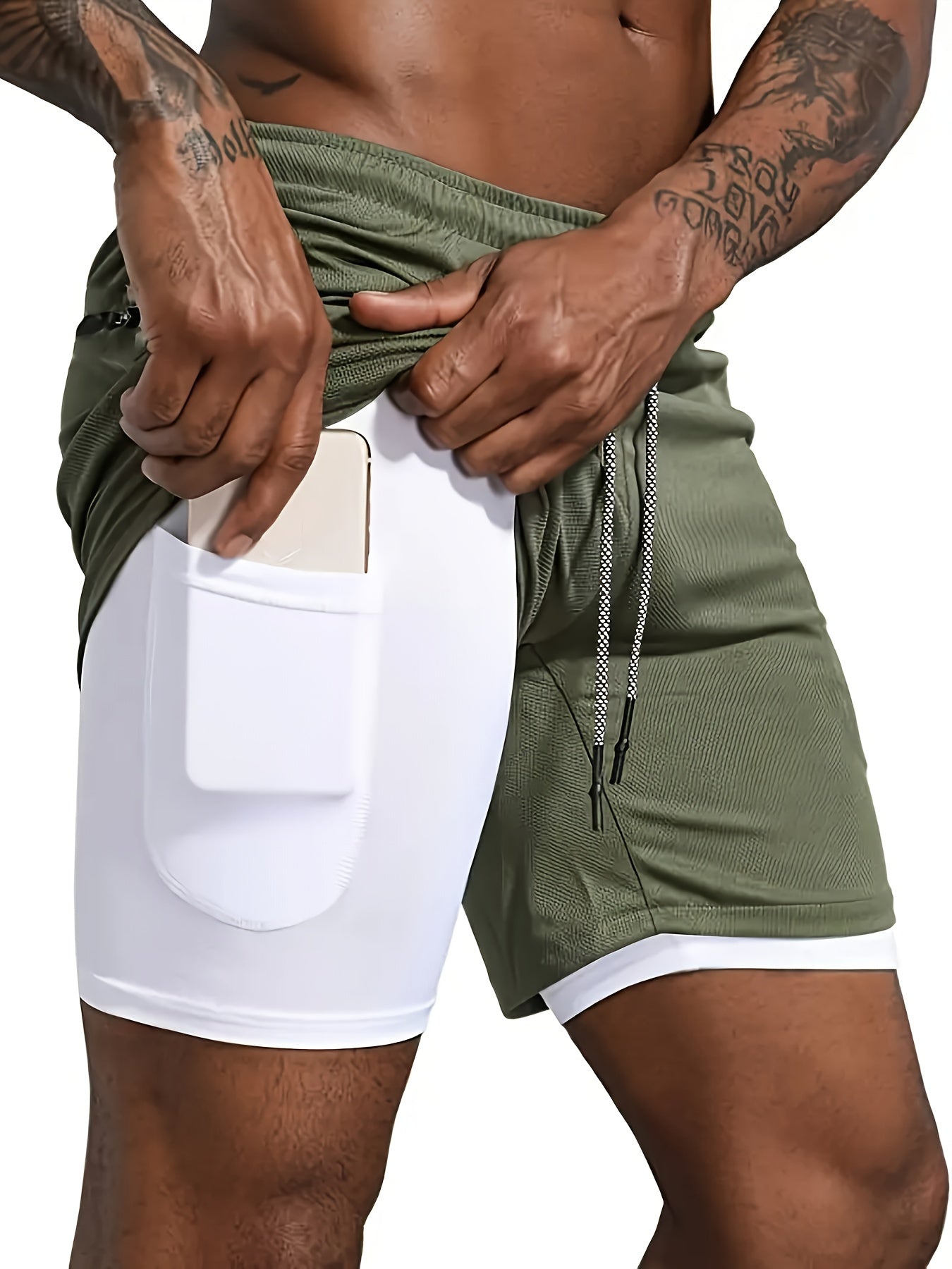 Shorts hommes 2-en-1 été, sport extérieur, cordon ajustable, poches sécurisées, tissu respirant et séchage rapide, parfait gym et running.