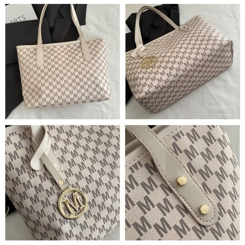 2025 Women's Designer-Inspired Large Tote Bag - Geometric Synthetic Leather Handbag with Detachable Golden Chain Strap &amp; 'M' Monogram Accent, Lightweight Work Purse for Office, School, Shopping - Coffee Brown, Beige, Black -