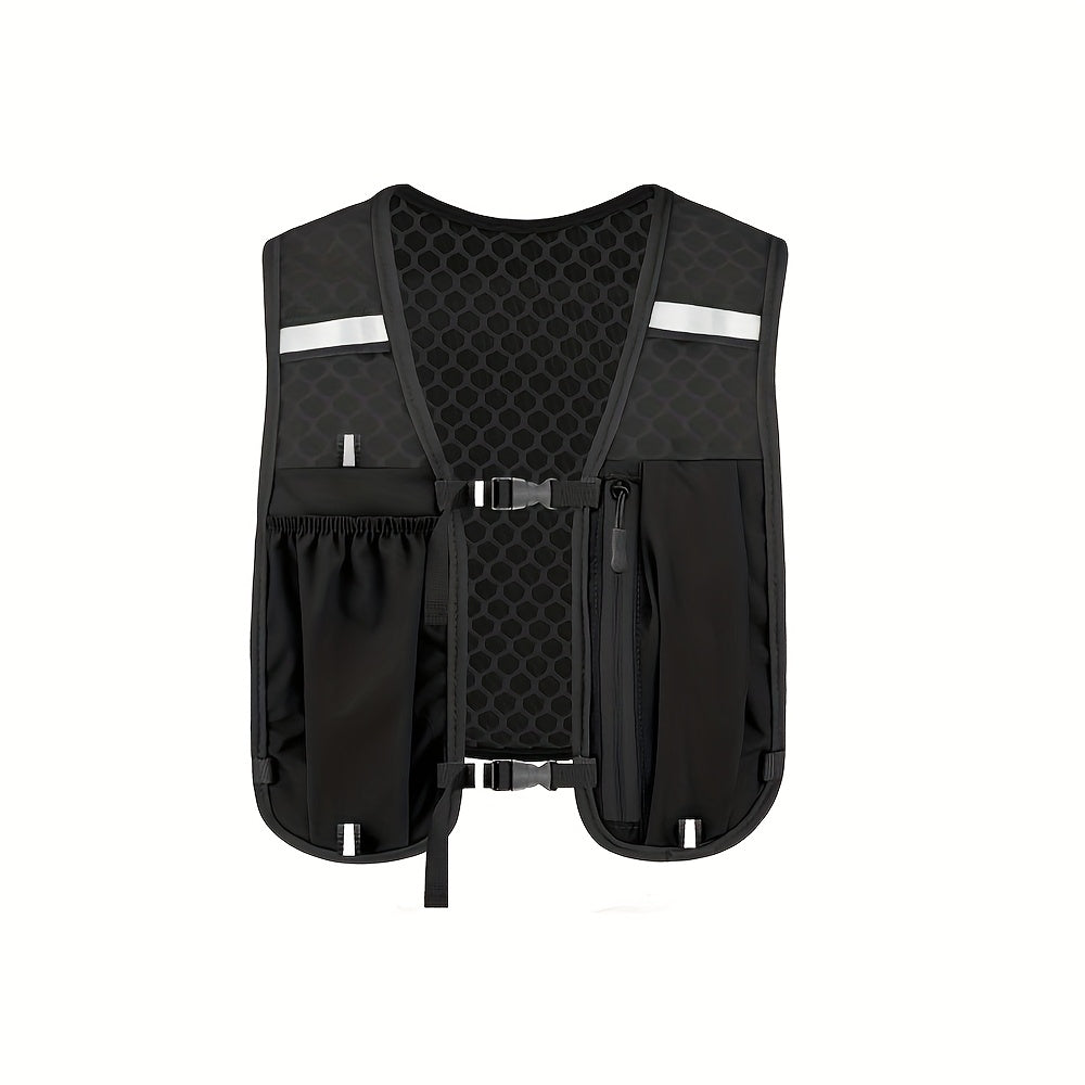 Sac à dos sportif type gilet avec poches multiples, mesh respirant, design ergonomique, idéal pour course, randonnée et hydratation mains libres.