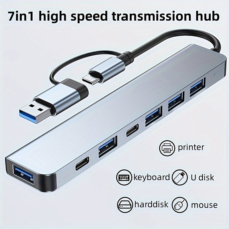 Adaptateur USB 3.0 7-en-1 à haute vitesse, expansion multiport avec connecteurs Type-C et USB-A, compatible tablettes, alimentation USB 5 V.